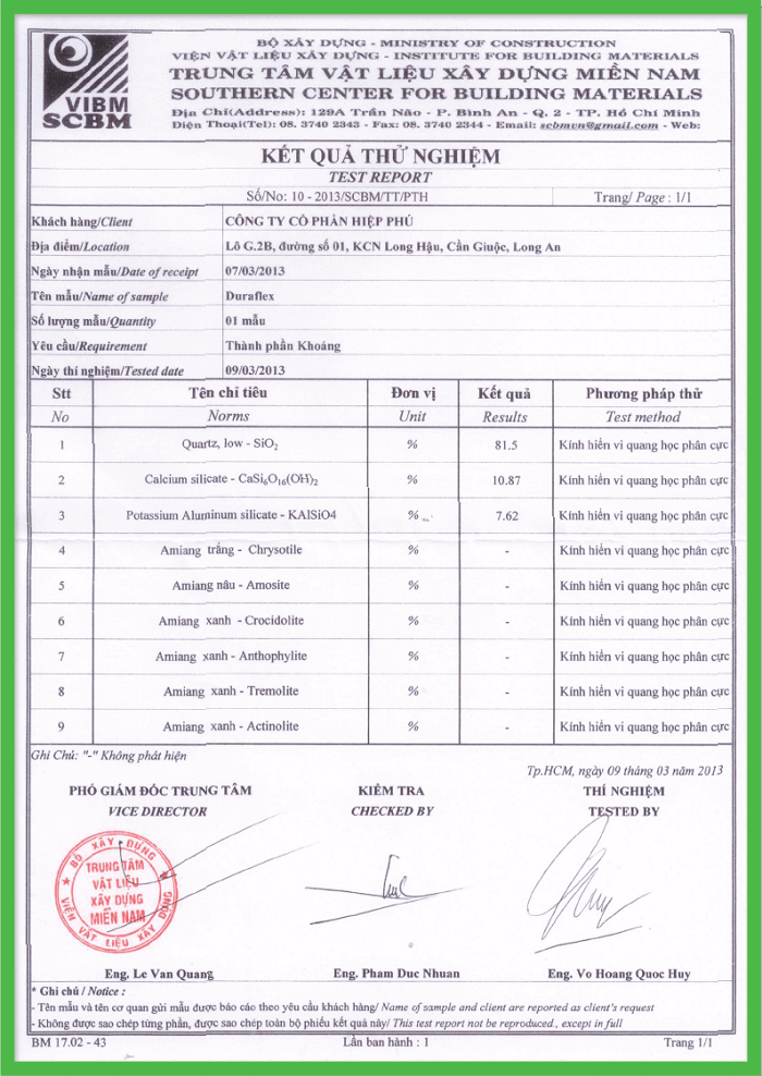 chứng nhận kiểm tra không chứa amiang độc hại