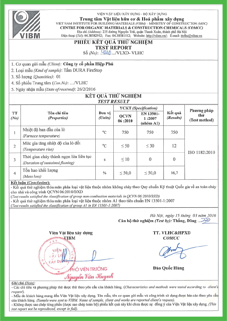 chứng nhận kiểm tra vật liệu không cháy